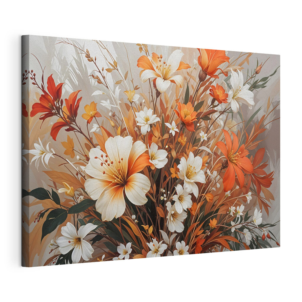 Herfstbloemen in fijne penseelstreken, gespannen canvas met doorlopende rand