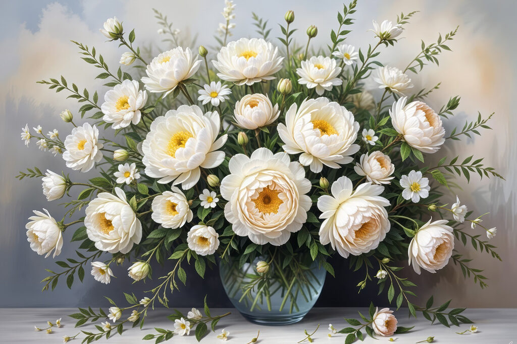 Witte rozen in vaas — volledig ontwerp