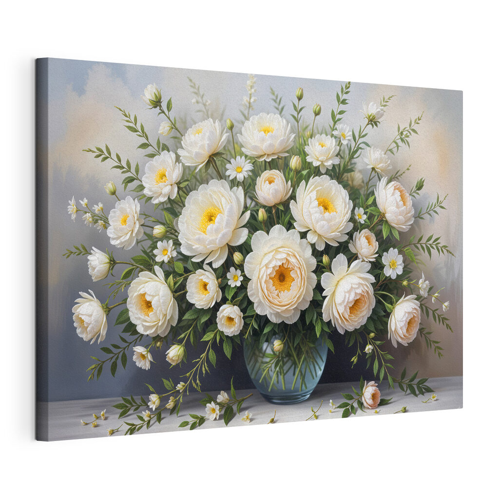 Witte rozen in vaas, gespannen canvas met doorlopende rand