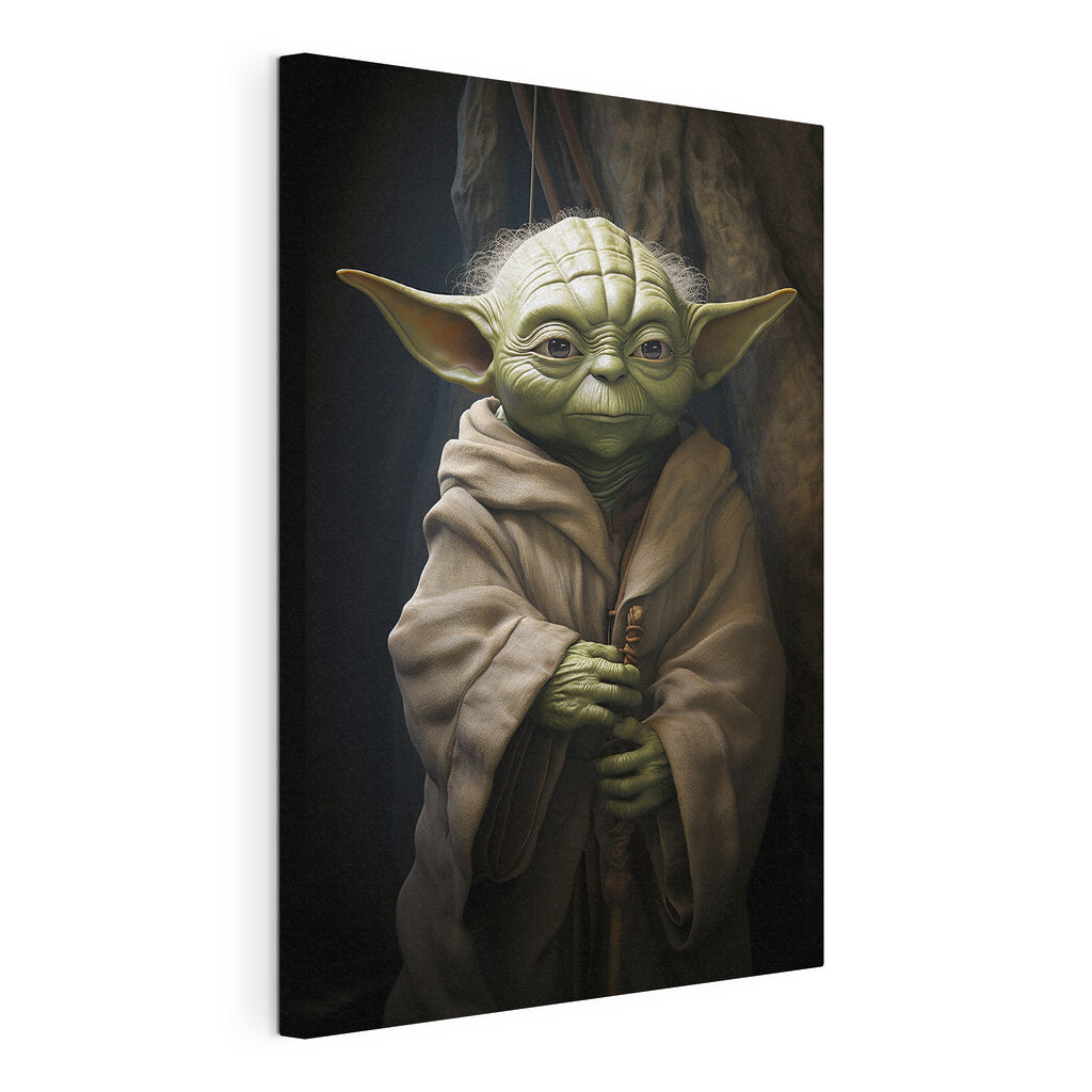 Yoda in donkere plooien, gespannen canvas met doorlopende rand
