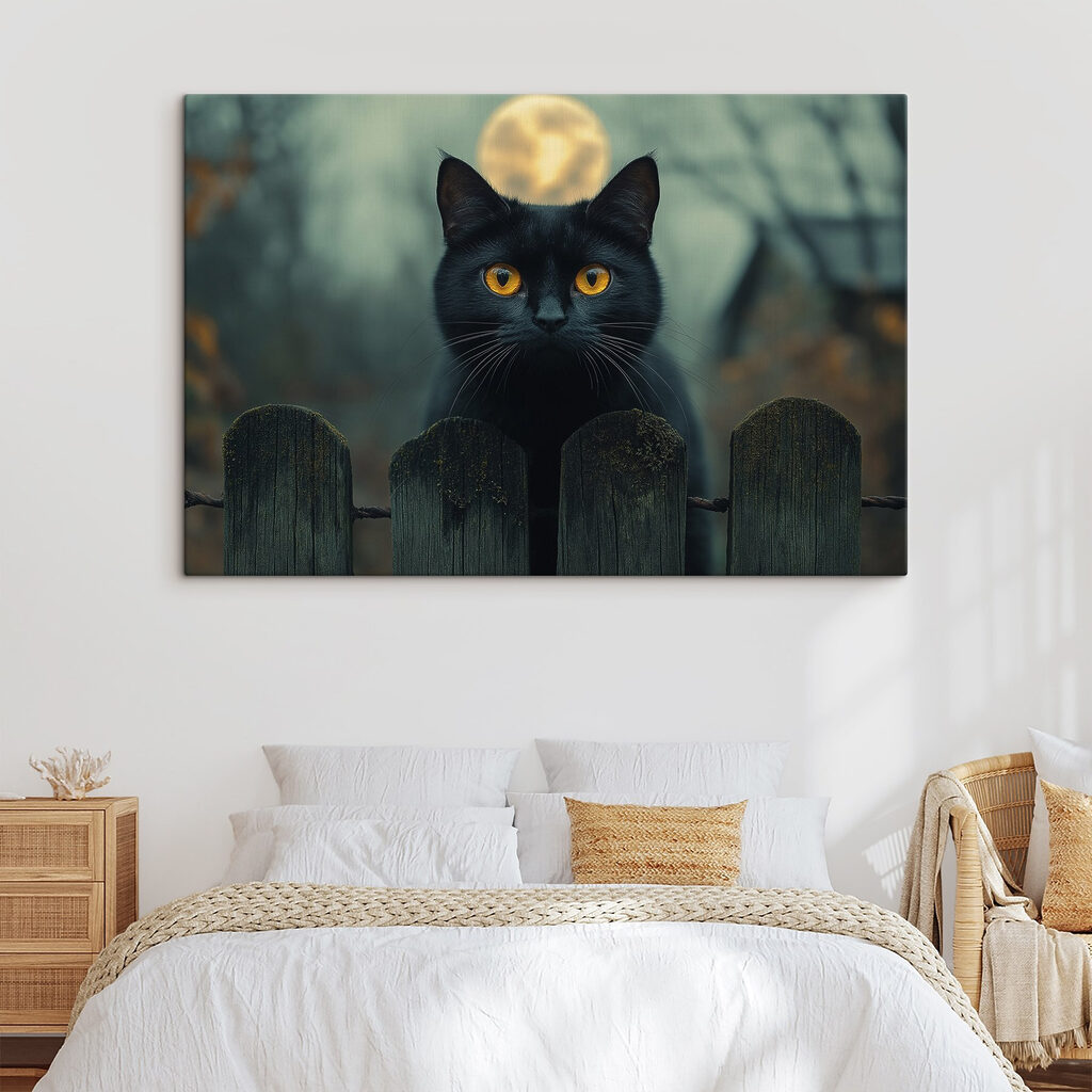 Zwarte kat met gele ogen achter een hek in een interieur