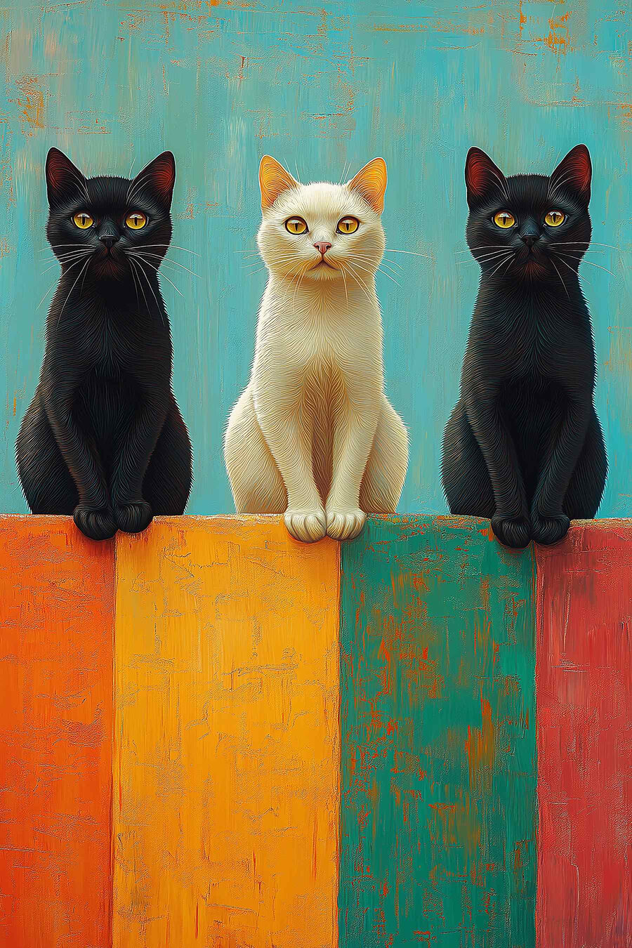 Drie katten boven kleurbanen — volledig ontwerp