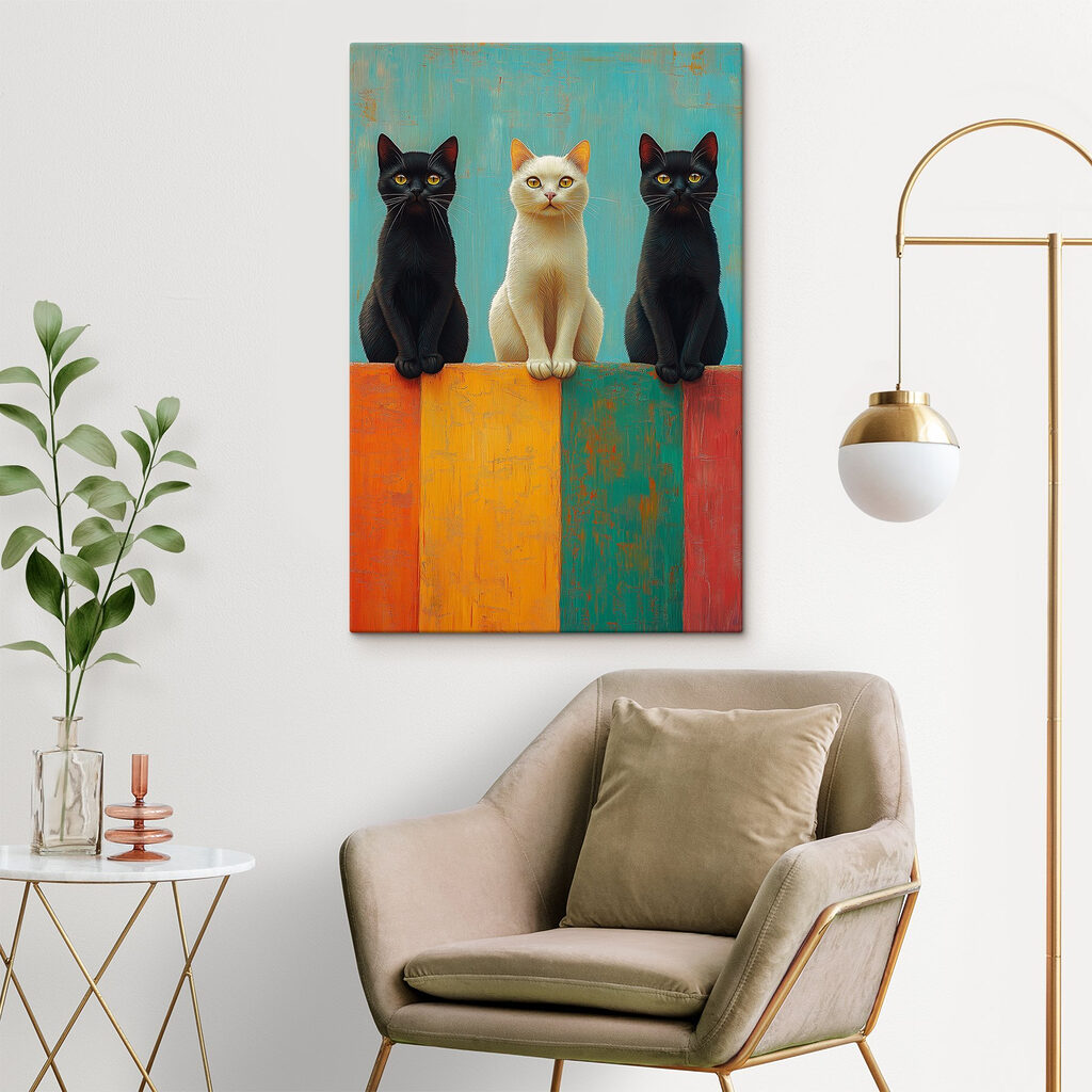 Drie katten boven kleurbanen — interieur 2