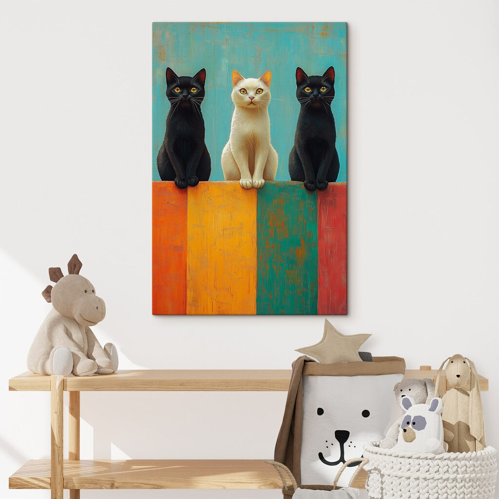 Drie katten boven kleurbanen — interieur 1