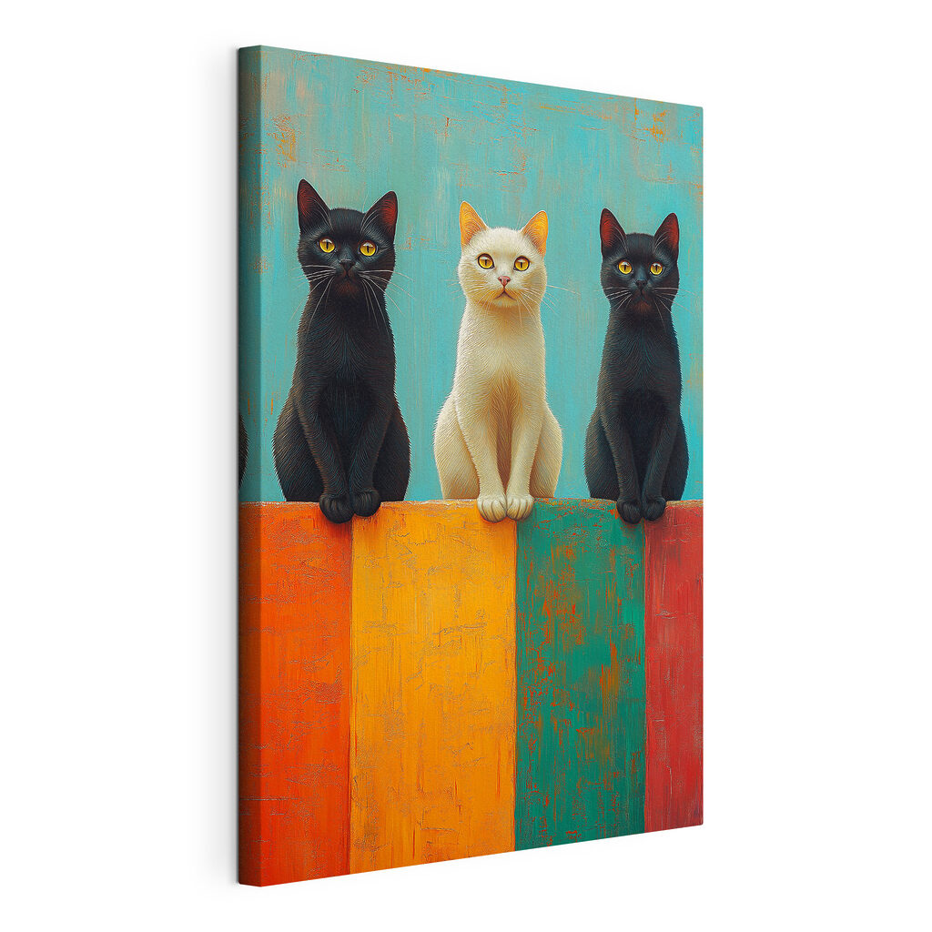 Drie katten boven kleurbanen, gespannen canvas met doorlopende rand