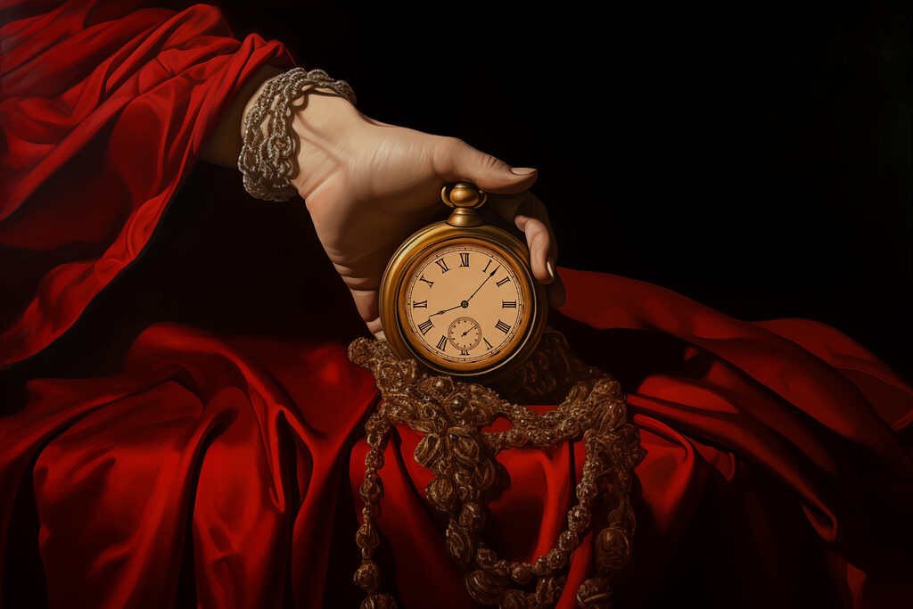 Zakhorloge tussen rode plooien — volledig ontwerp