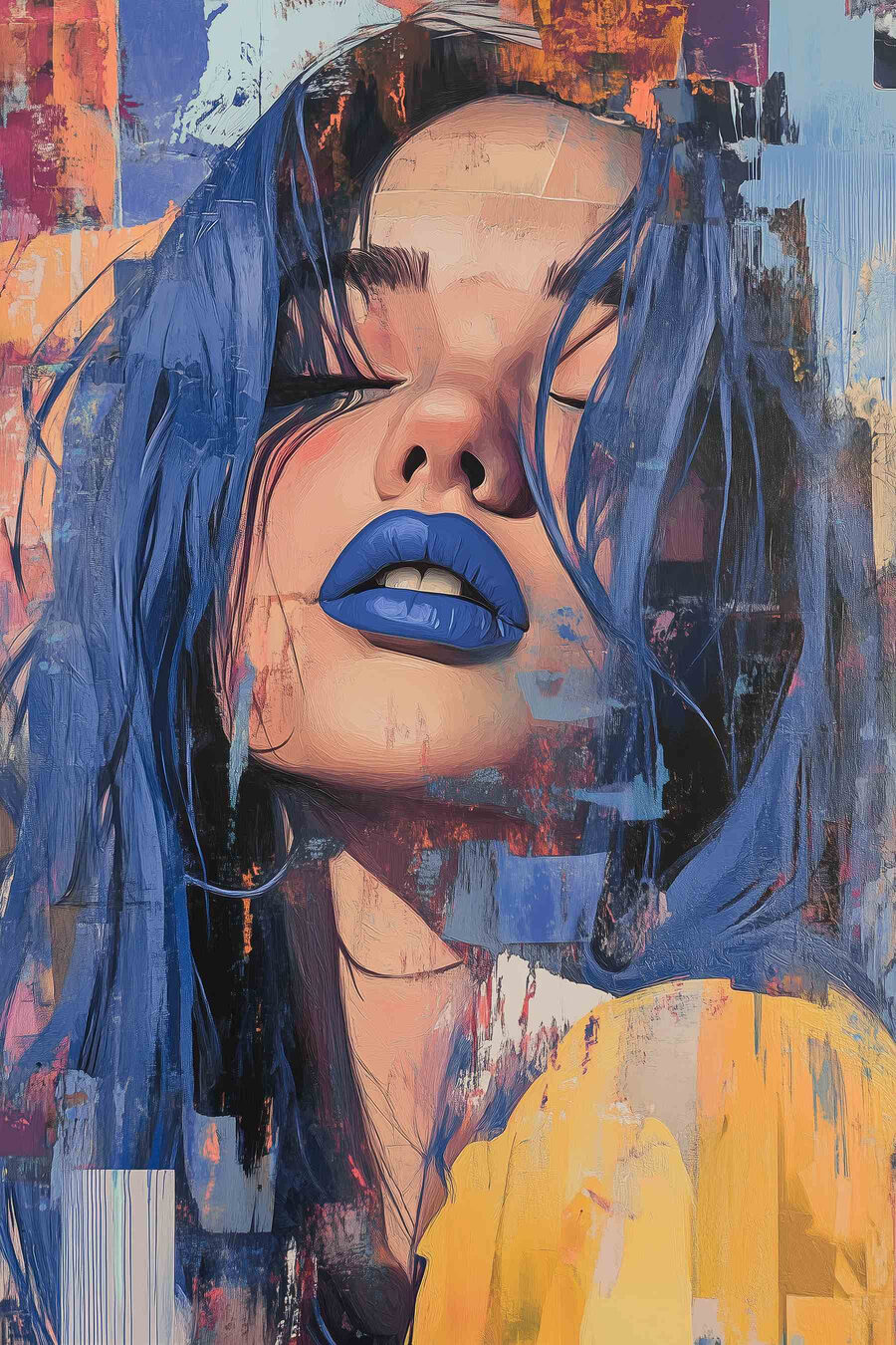 Blauwe lippen achter verfstroken — volledig ontwerp