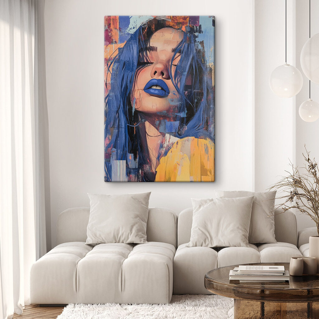 Blauwe lippen achter verfstroken — interieur 1