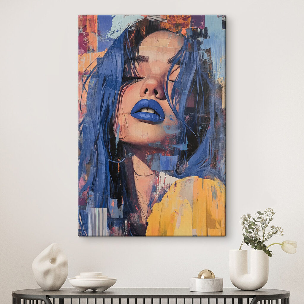 Blauwe lippen achter verfstroken — interieur 2