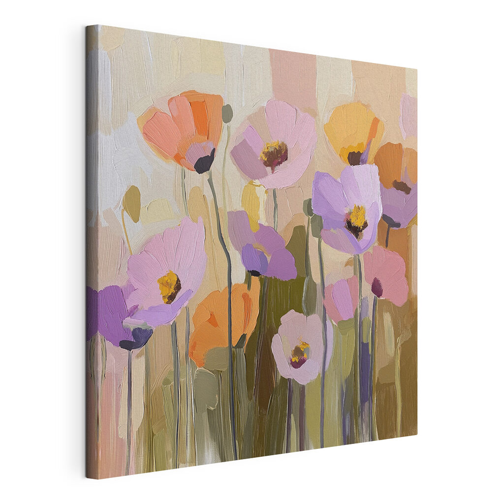 Bloemen in kleine kleurvlakken, gespannen canvas met doorlopende rand