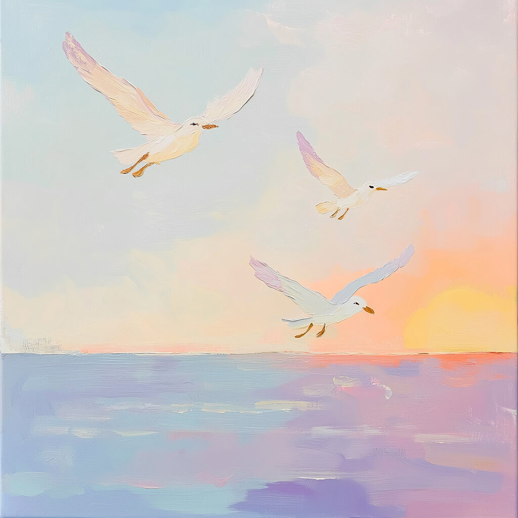 Meeuwen boven pastelavond — volledig ontwerp