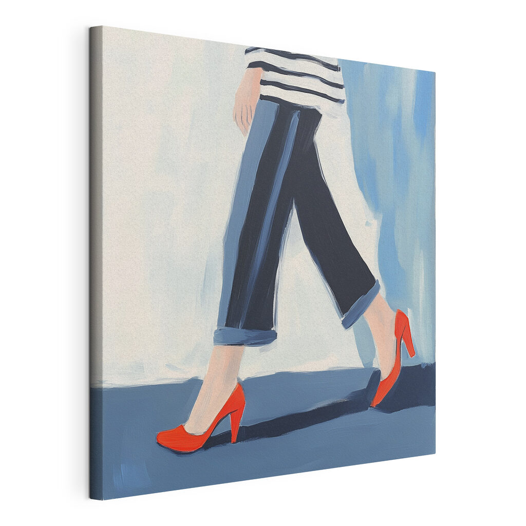 Rode hakken in beweging, gespannen canvas met doorlopende rand