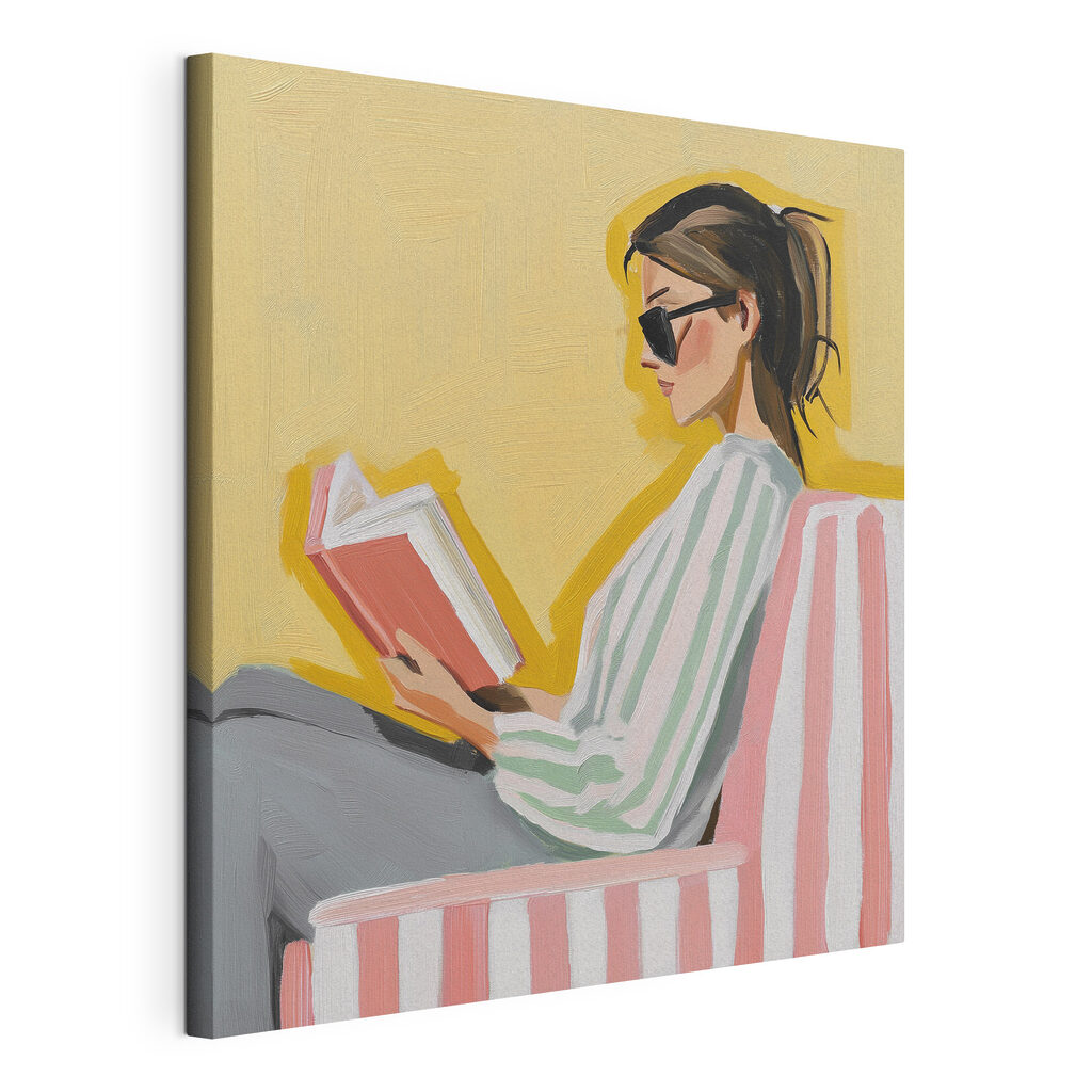 Lezen in roze strepen, gespannen canvas met doorlopende rand