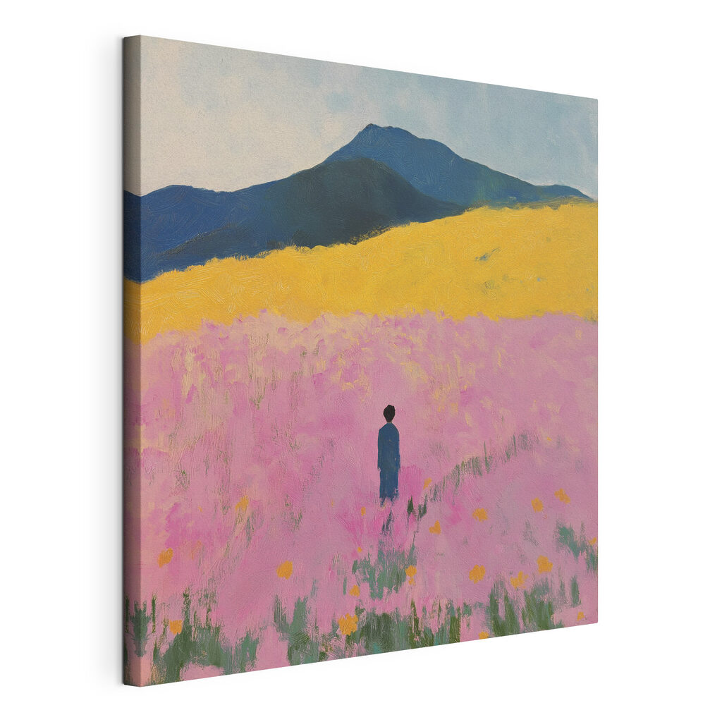 Alleen in roze veld, gespannen canvas met doorlopende rand