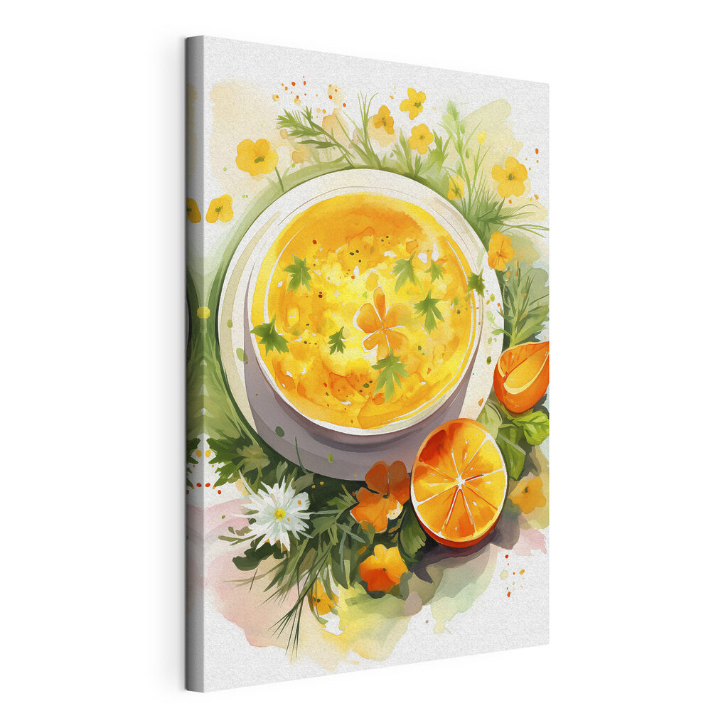 Soep tussen zonnige bloemen, gespannen canvas met doorlopende rand