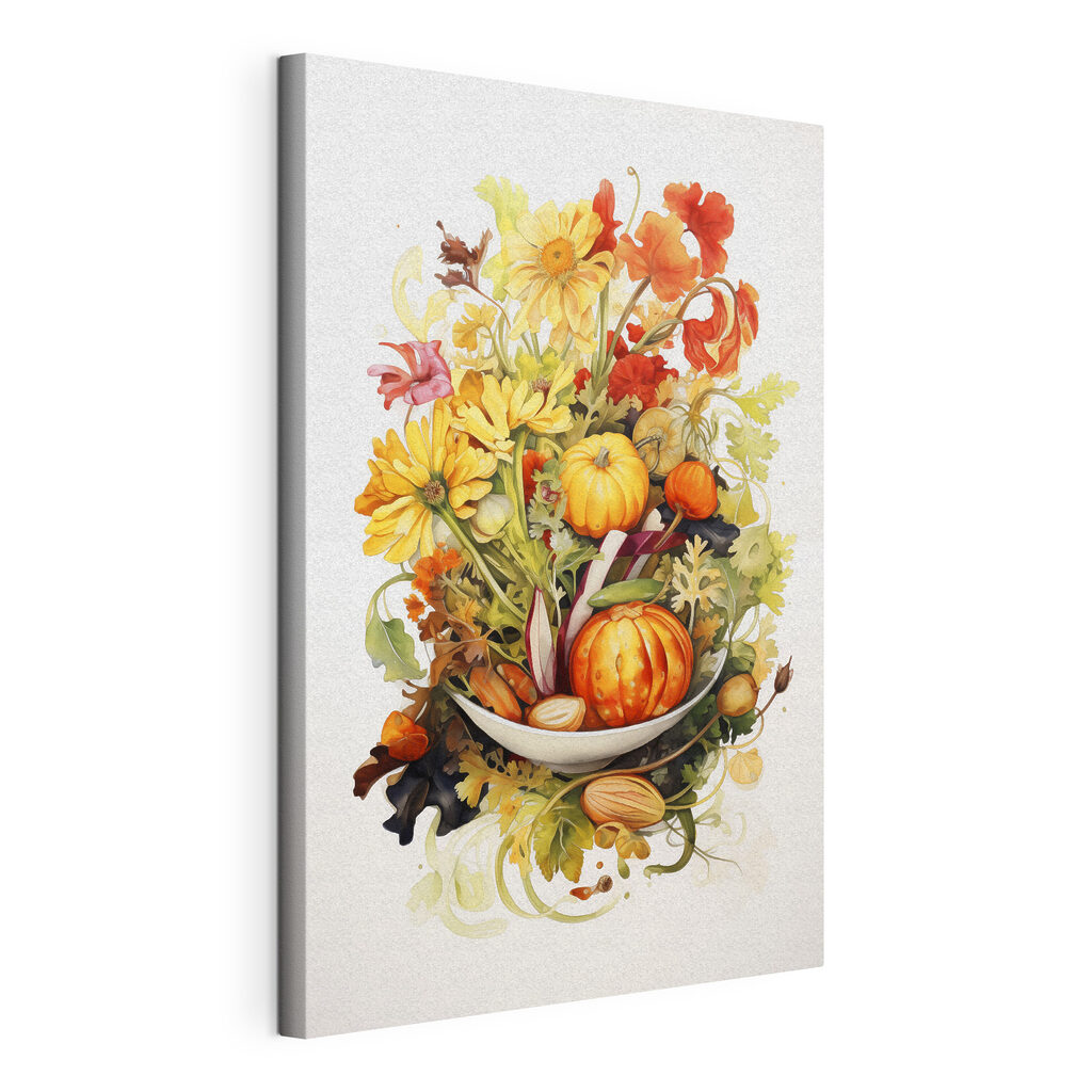 Groenteboeket in warme aquarel, gespannen canvas met doorlopende rand
