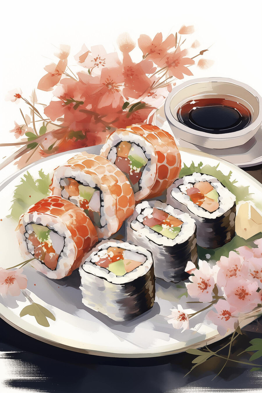 Sushi naast een herfsttak — volledig ontwerp