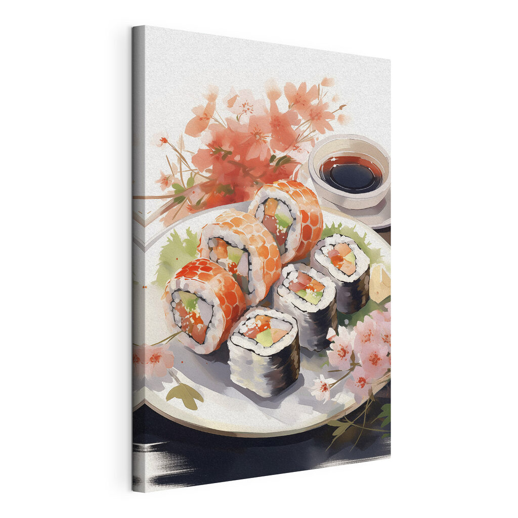 Sushi naast een herfsttak, gespannen canvas met doorlopende rand