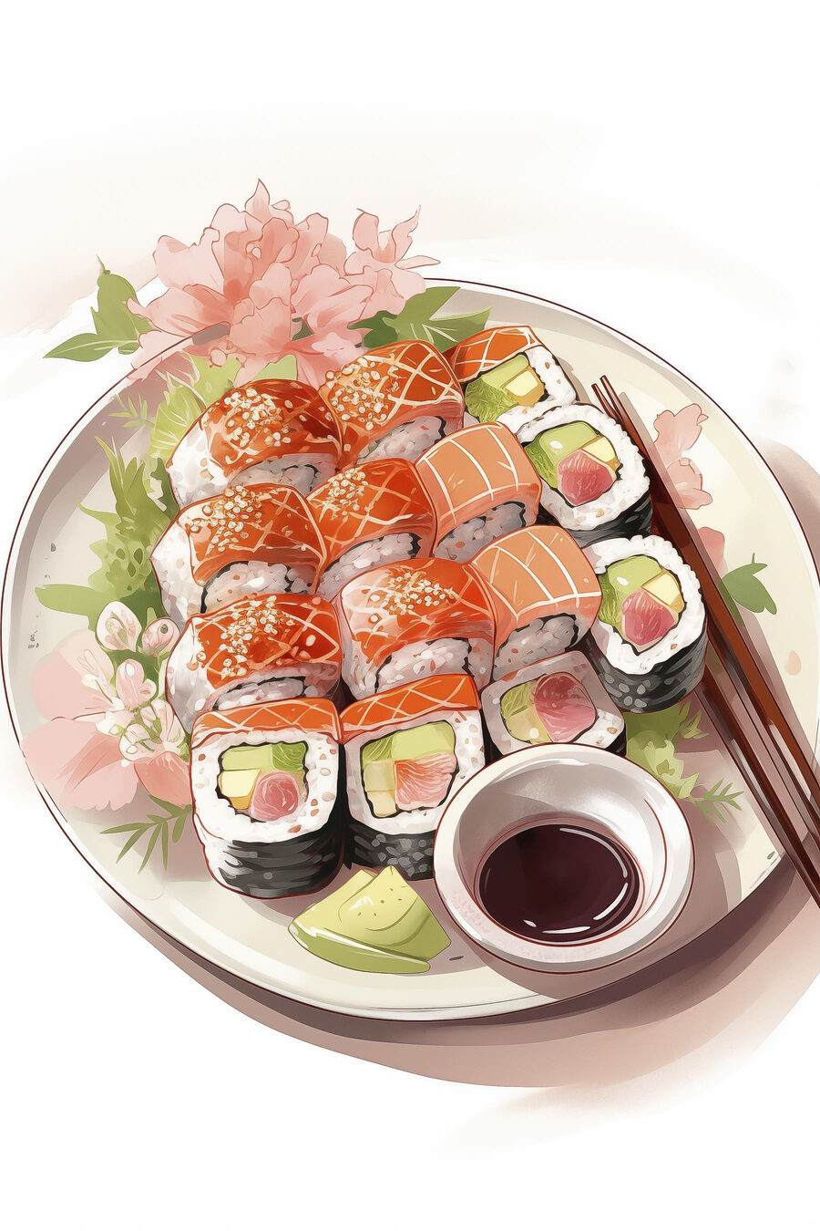 Sushischotel met roze bloem — volledig ontwerp