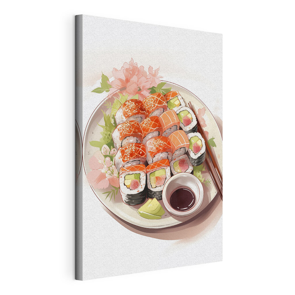 Sushischotel met roze bloem, gespannen canvas met doorlopende rand