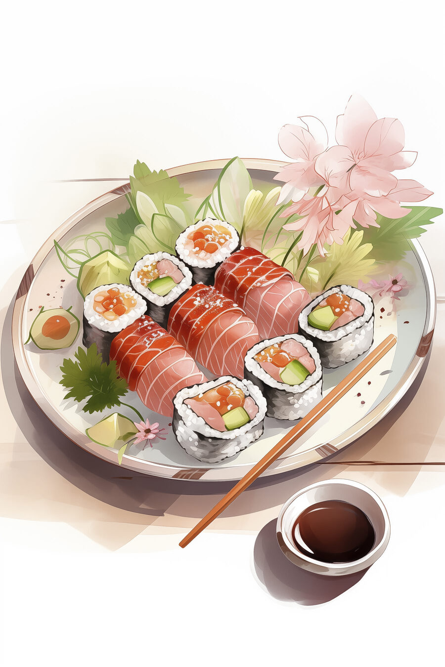 Sushi onder een bloesemtak — volledig ontwerp