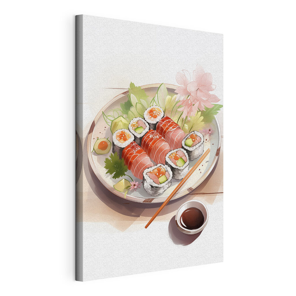 Sushi onder een bloesemtak, gespannen canvas met doorlopende rand