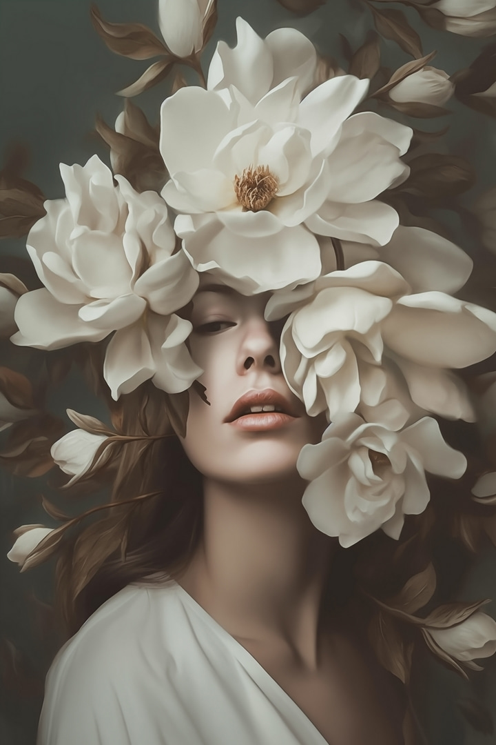 Witte bloemen als oogsluier — volledig ontwerp