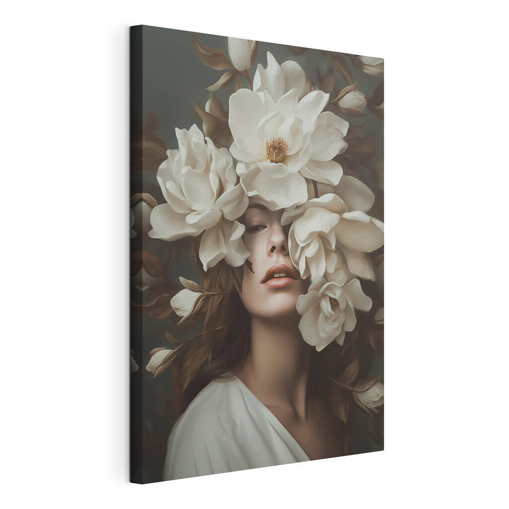 Witte bloemen als oogsluier, gespannen canvas met doorlopende rand