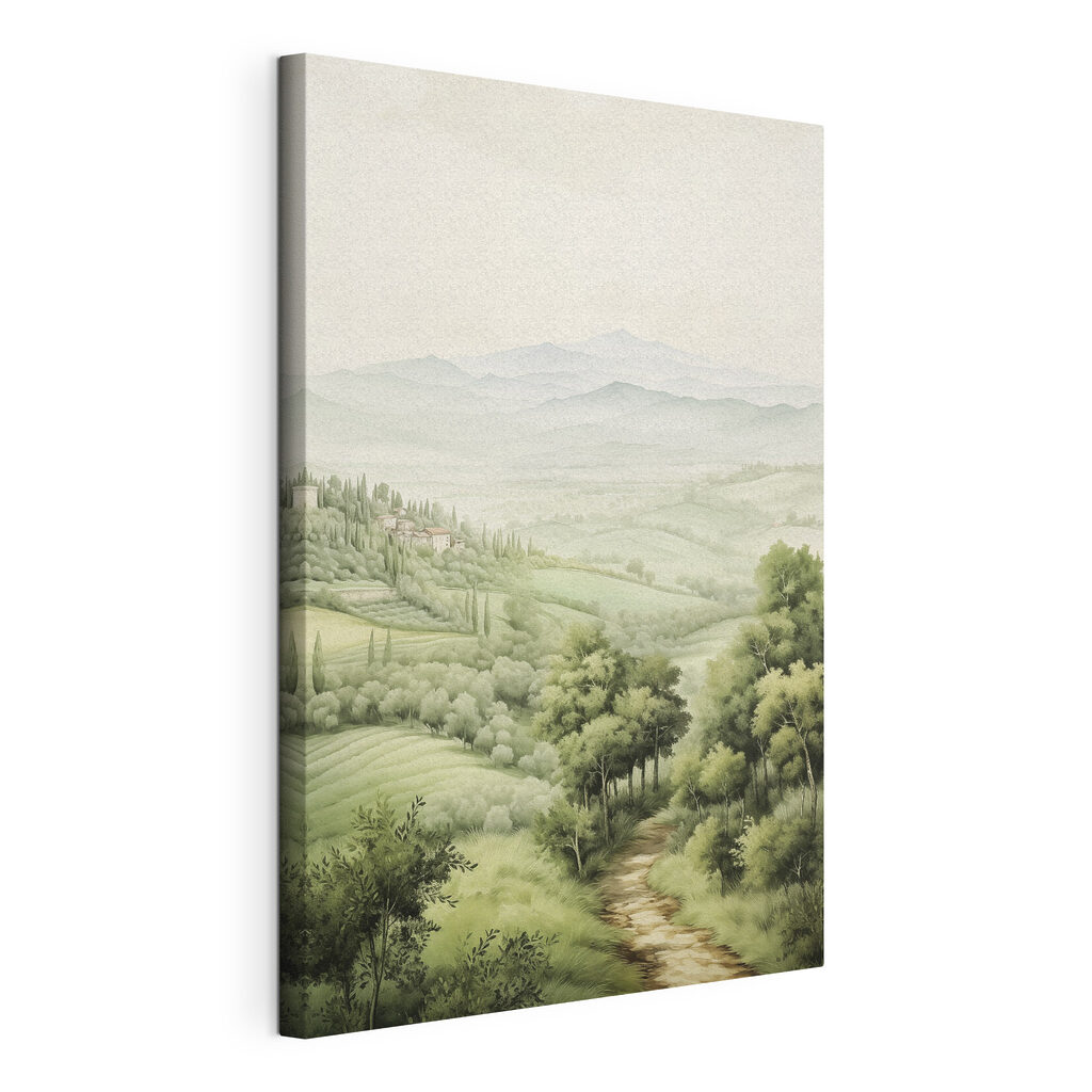 Slingerpad door groene heuvels, gespannen canvas met doorlopende rand