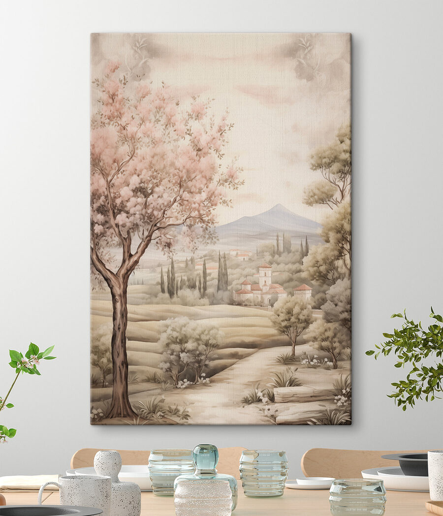 Roze bloesem langs landpaden — interieur 1