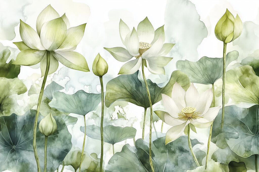 Witte lotussen tussen bladeren — volledig ontwerp