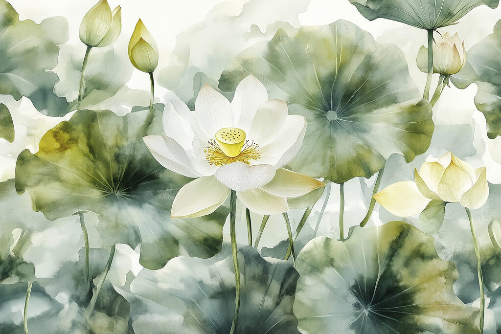 Witte lotus tussen bladkringen — volledig ontwerp