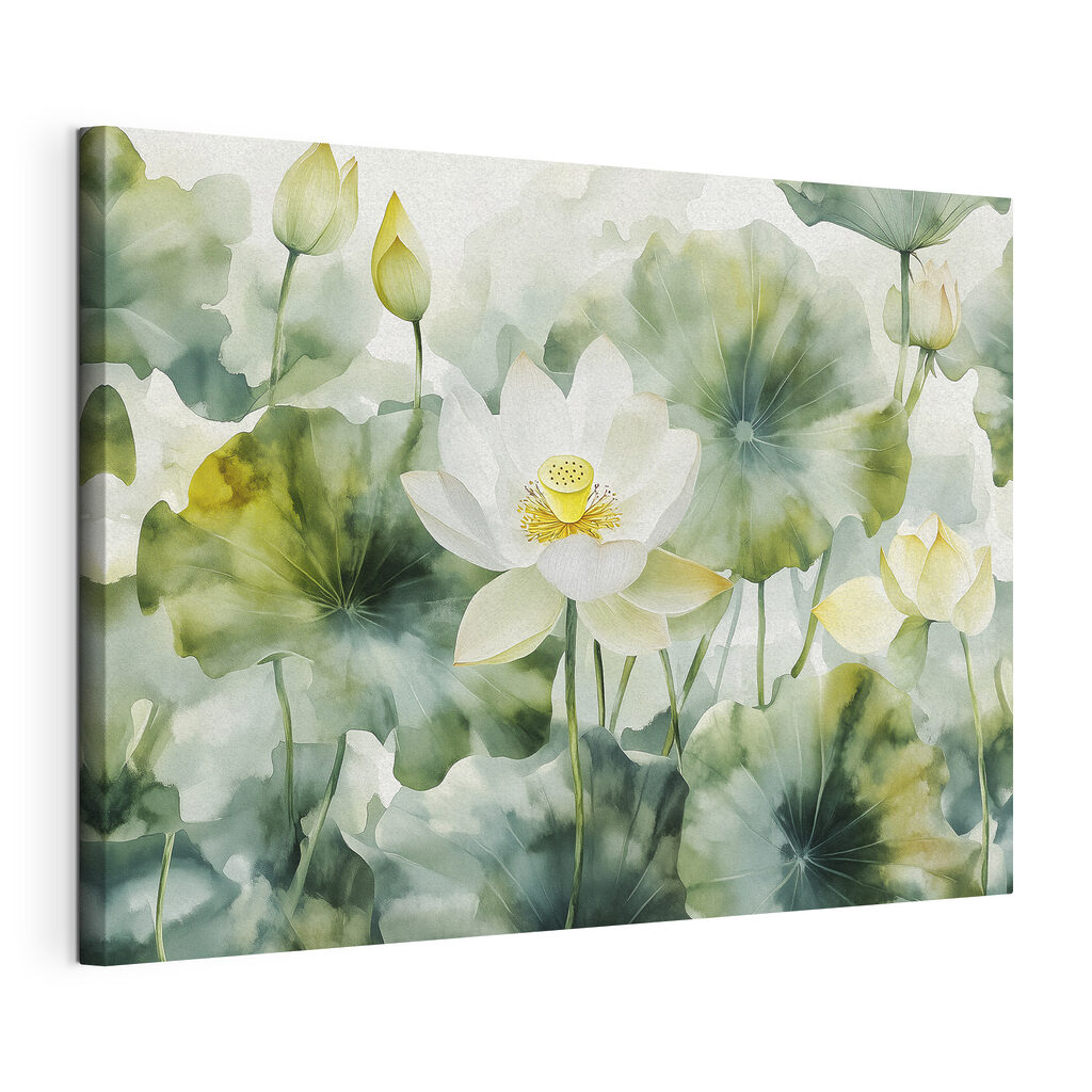 Witte lotus tussen bladkringen, gespannen canvas met doorlopende rand