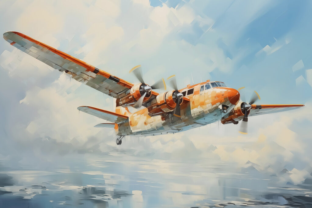 Vliegtuig in geschilderde wolken — volledig ontwerp