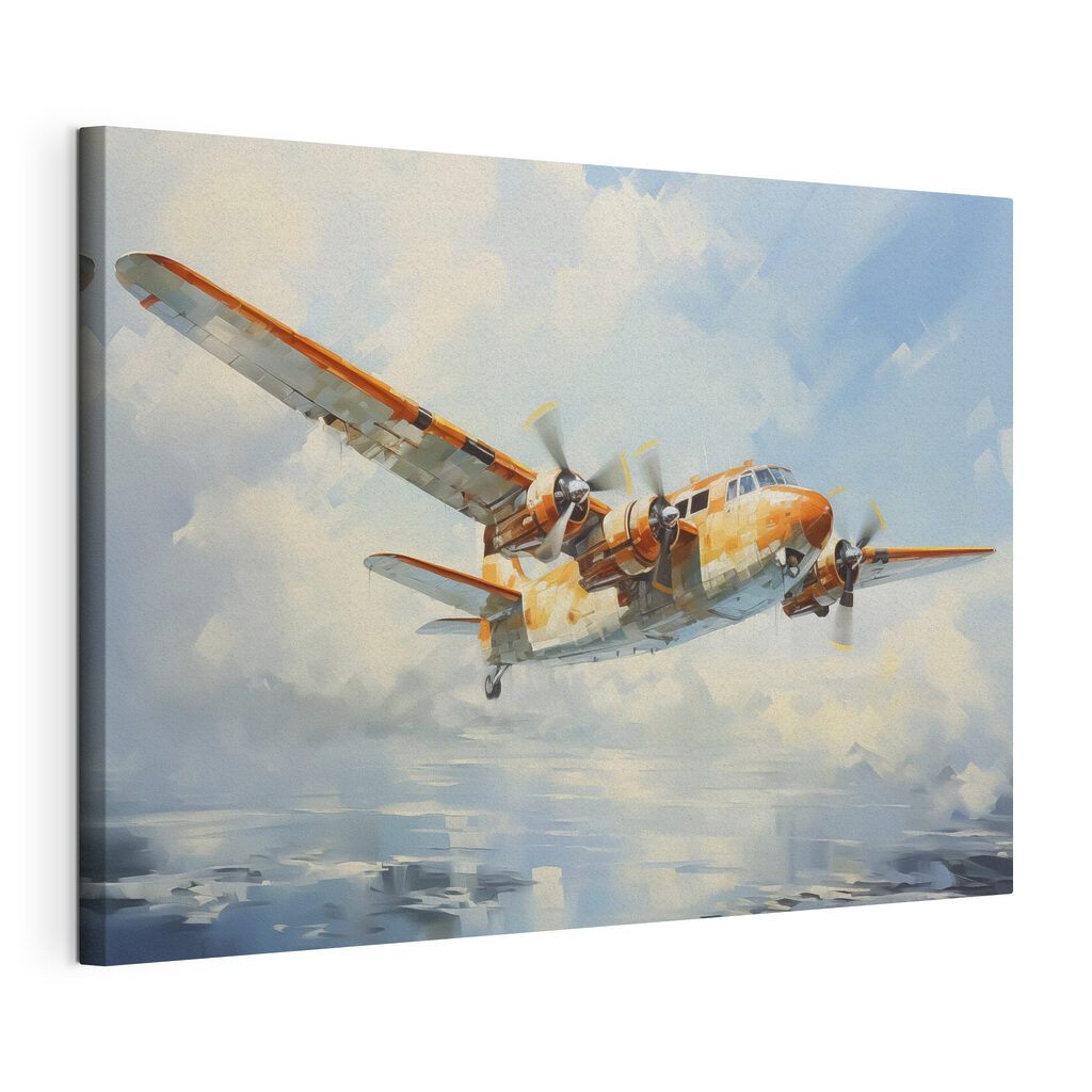 Vliegtuig in geschilderde wolken, gespannen canvas met doorlopende rand