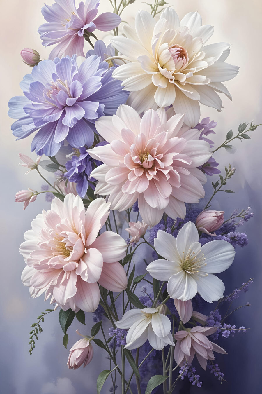 Dahlia’s in bleke pasteltinten — volledig ontwerp