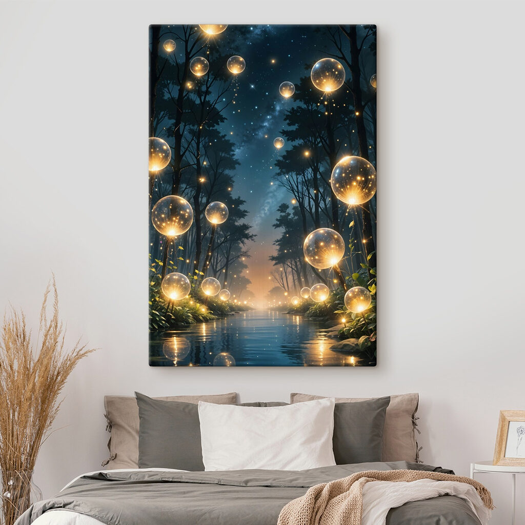 Lichtbollen boven een nachtrivier in een interieur