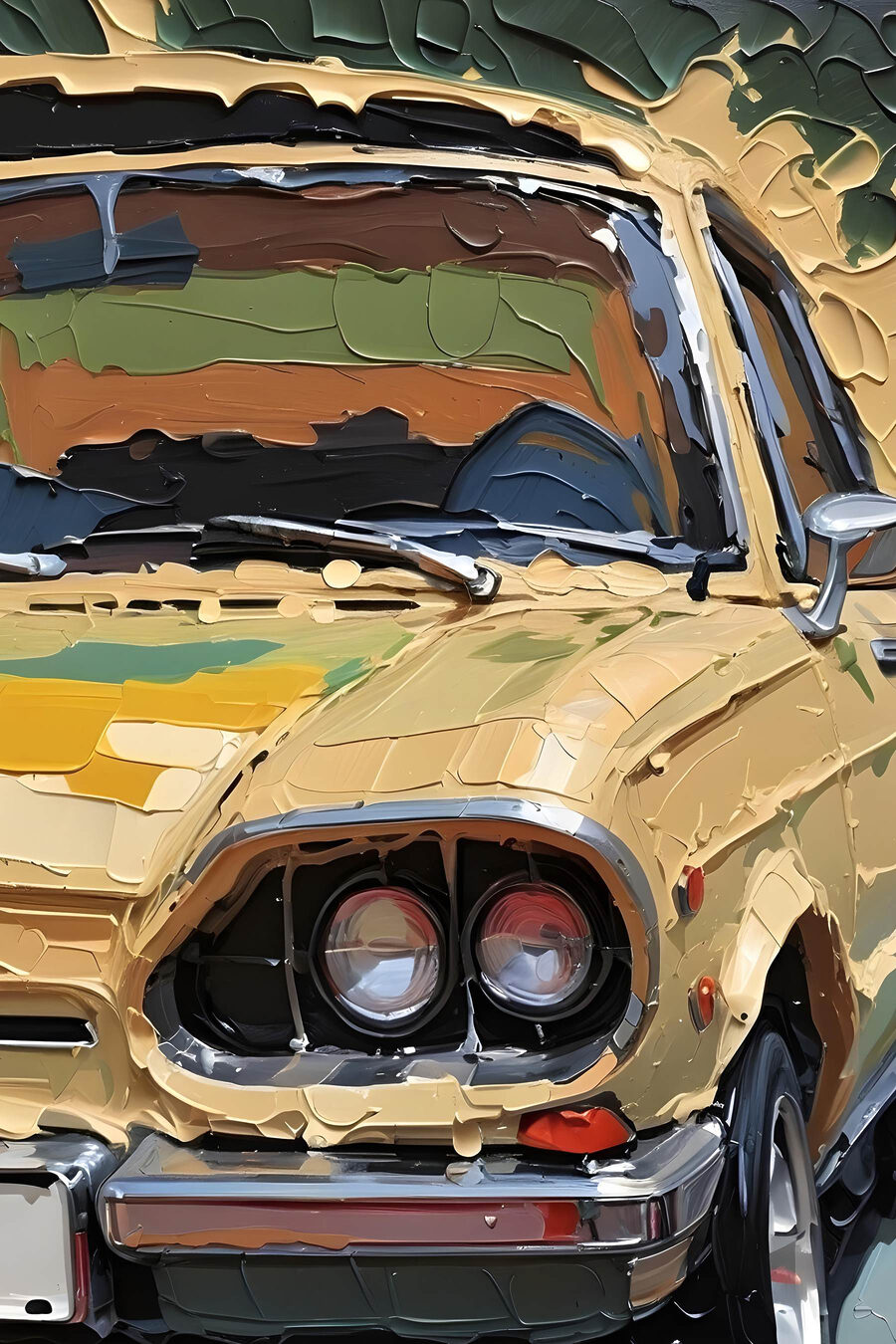 Oldtimer in okerkleurige penseelstreken — volledig ontwerp
