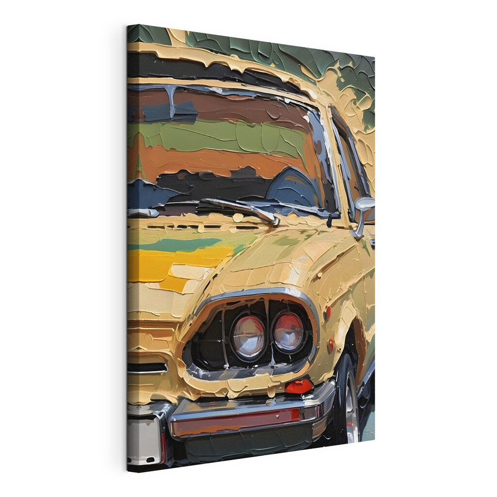 Oldtimer in okerkleurige penseelstreken, gespannen canvas met doorlopende rand