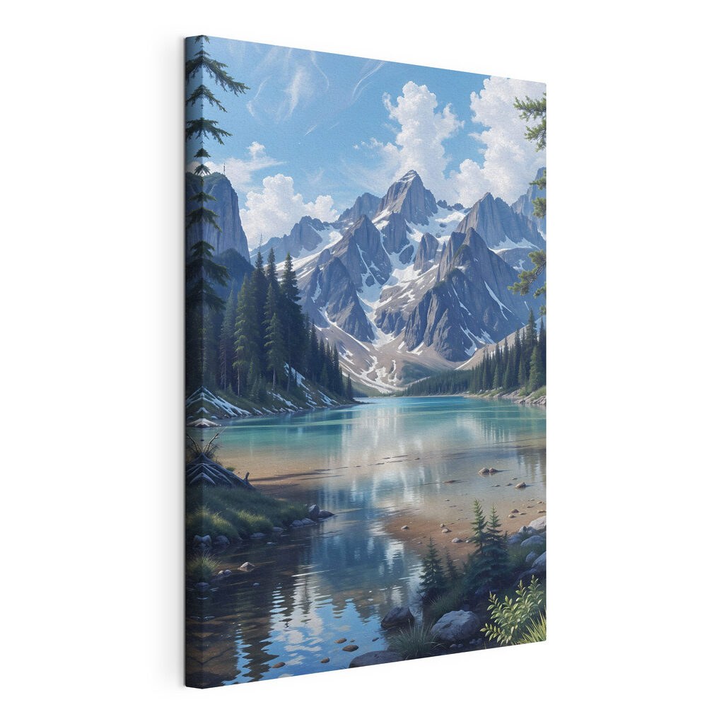 Bergtop boven spiegelend water, gespannen canvas met doorlopende rand