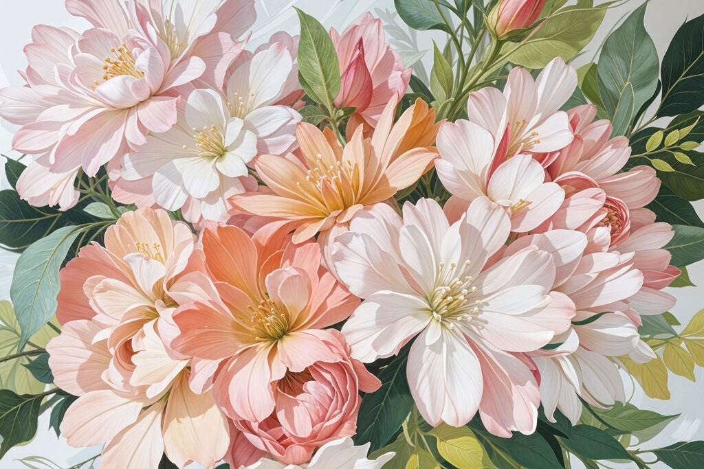Pastelbloemen tussen groene bladeren — volledig ontwerp