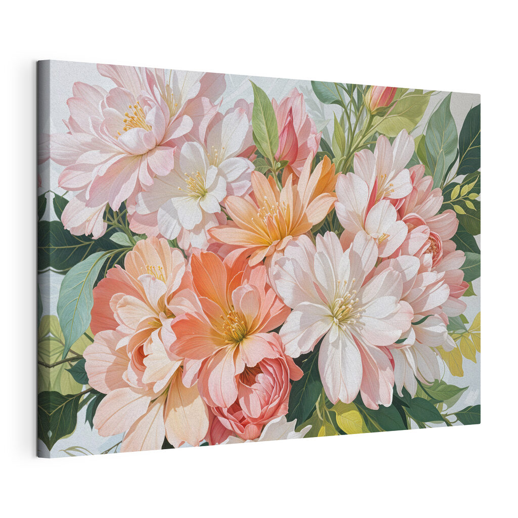 Pastelbloemen tussen groene bladeren, gespannen canvas met doorlopende rand