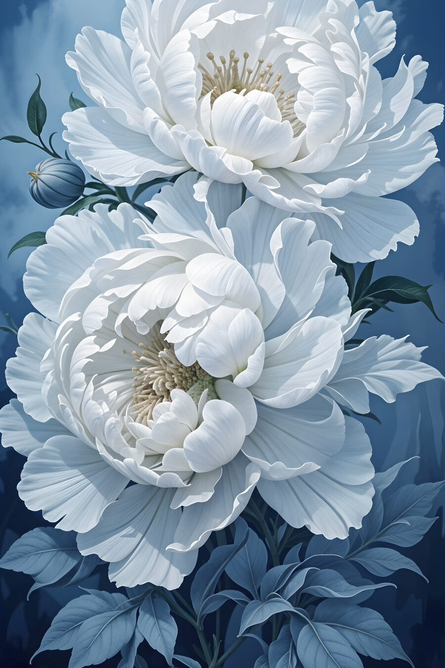 Witte pioenrozen op blauw — volledig ontwerp