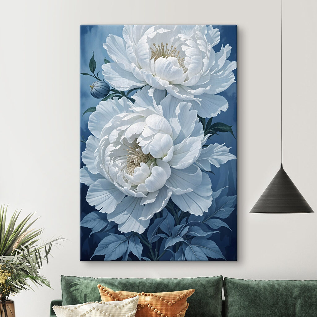 Witte pioenrozen op blauw — interieur 2