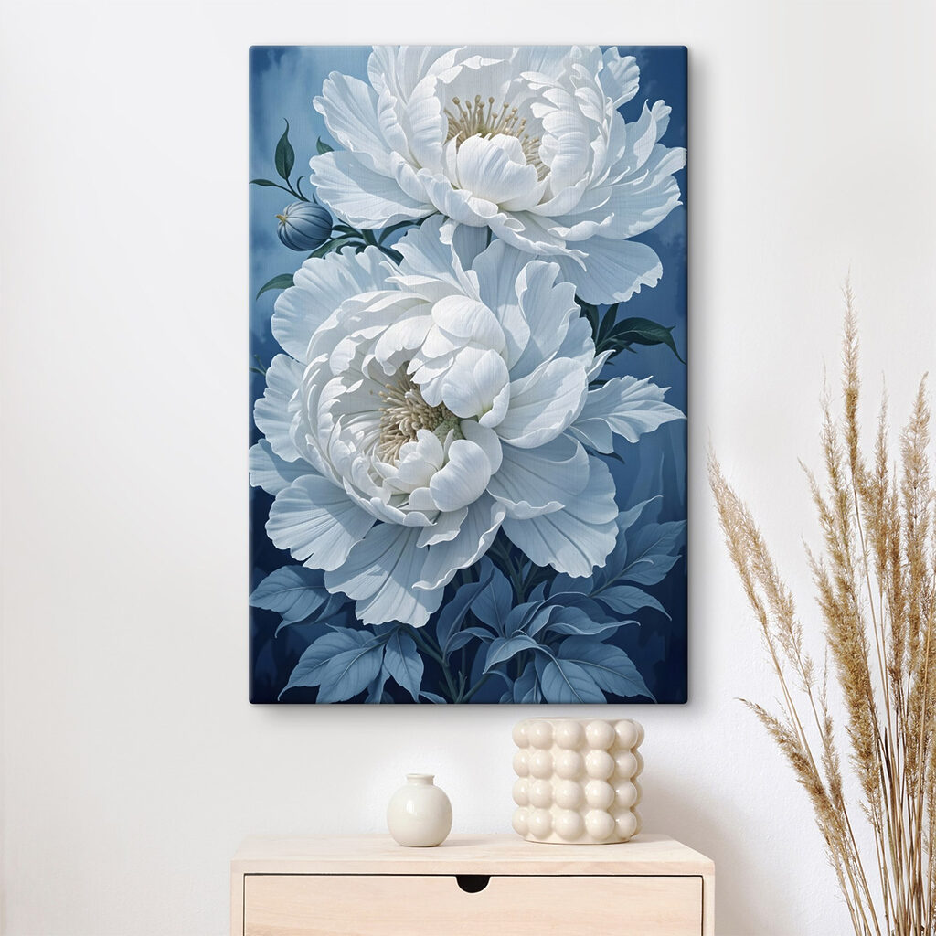 Witte pioenrozen op blauw — interieur 1