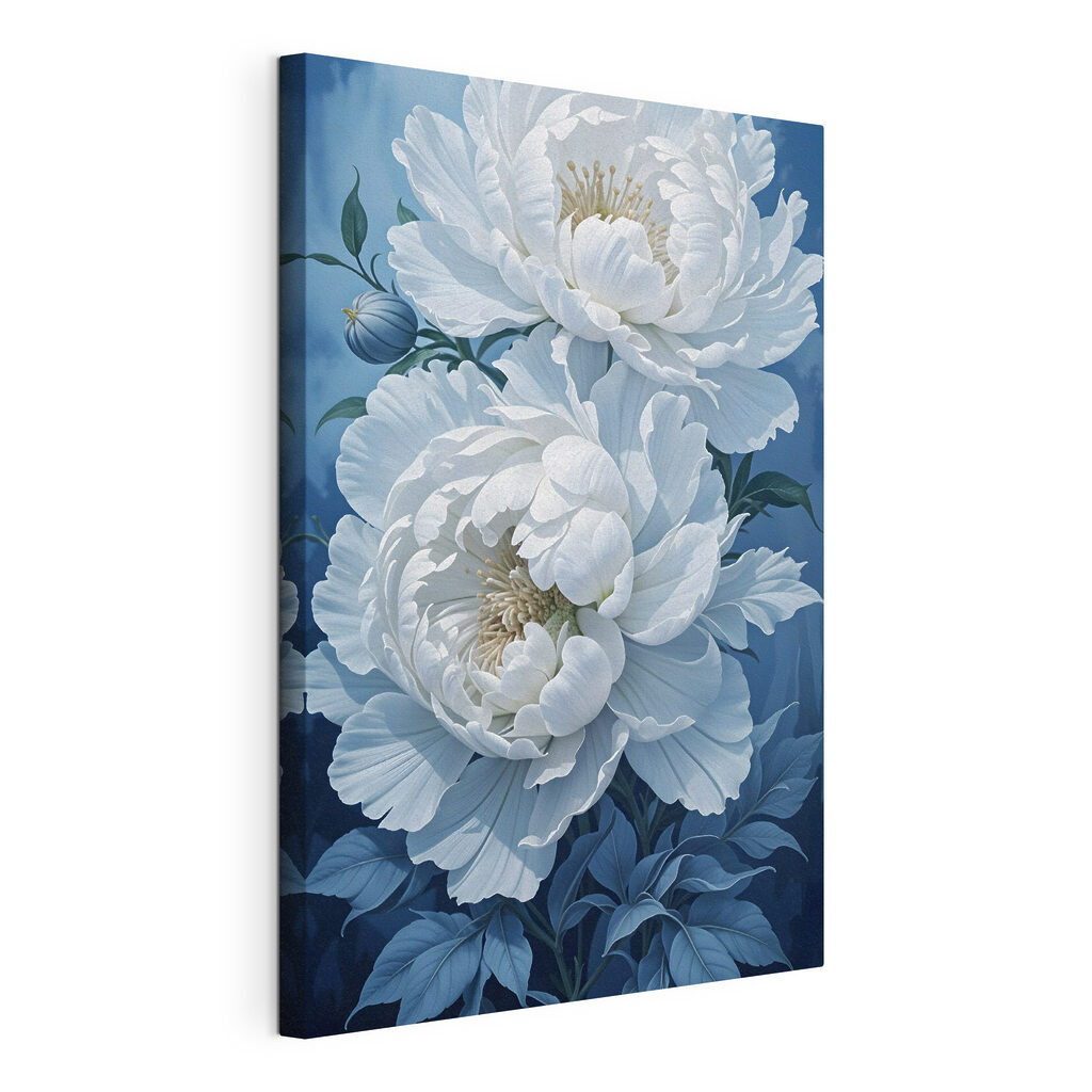 Witte pioenrozen op blauw — productweergave