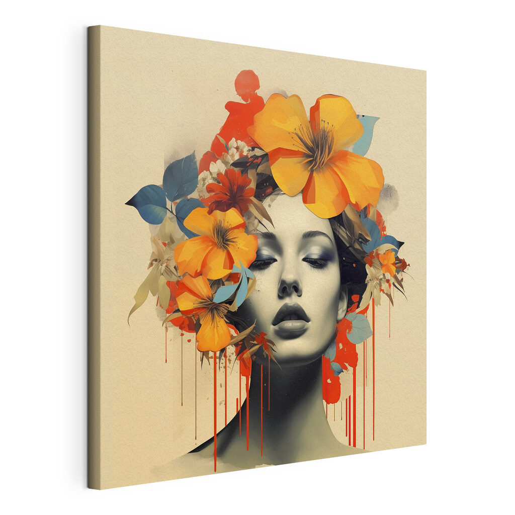 Oranje bloemen boven ogen, gespannen canvas met doorlopende rand