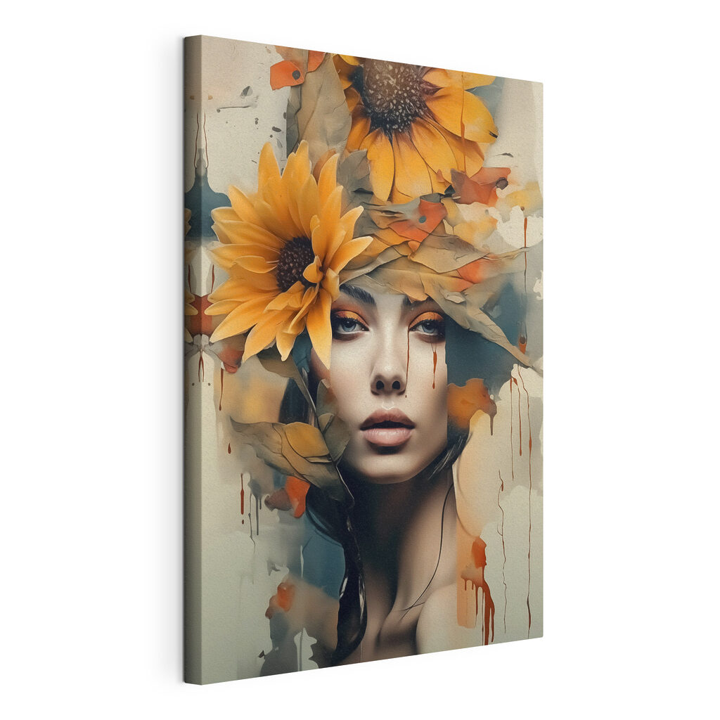 Herfstbloemen boven haar blik, gespannen canvas met doorlopende rand