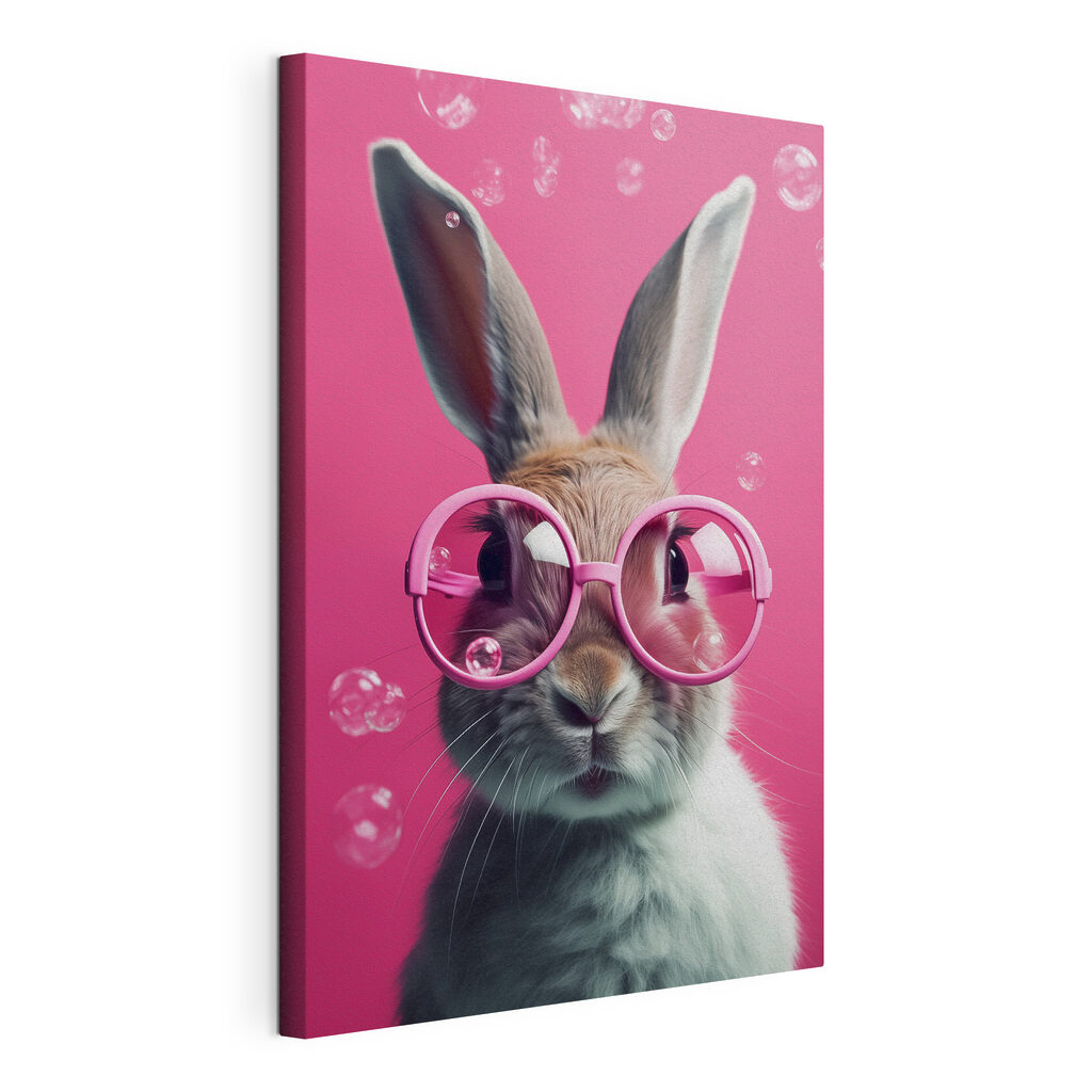 Konijn met roze bril, gespannen canvas met doorlopende rand
