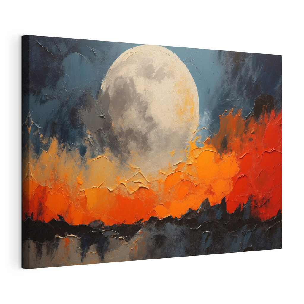 Maan boven oranje verfbergen, gespannen canvas met doorlopende rand